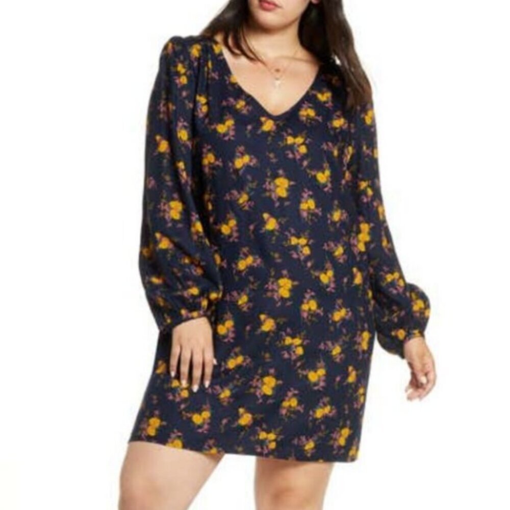 Treasure & Bond Navy Blue Yellow Floral V-Neck Long Sleeve Shift Dress Sz L